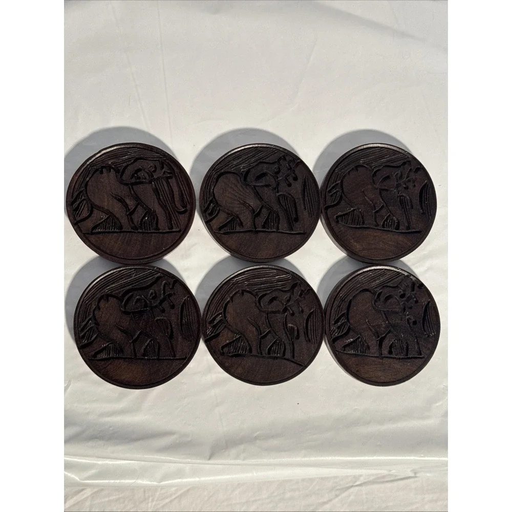 VTG Hand Carved African Ironwood Set of 6 Wooden Elephant Coasters Holder & Lid